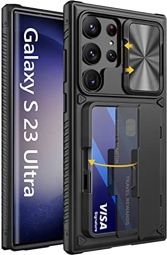 Vihibii for Samsung Galaxy S23 Ultra Case with Card Holder (4 Cards) & Sliding Camera Cover & Kickstand, Shockproof Rugged Hard Back & TPU Edge Wallet Case for Galaxy S23 Ultra 5G 6.8 2023 Black