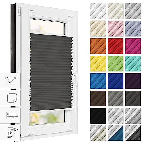 Estika Thermo Plissee zum kleben verdunkelung 115 cm x 120 cm - Blackout: Graphit-Weiß - Plissee kleben, Plissee ohne Bohren, Plisees ohne Bohren Blickdicht, Verdunklungsplissee