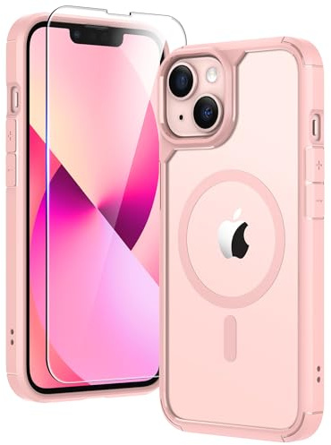 TAURI Coque Magnétique pour iPhone 13/iPhone 14 avec Protection écran, [Compatible avec MagSafe] Protection Anti-Choc Mince et Anti-Chute - Rose