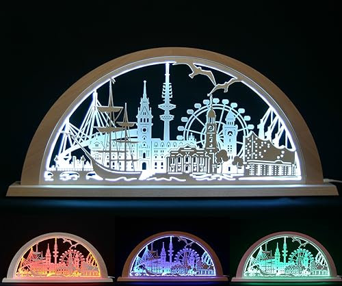 Stadtlicht LED Schwibbogen Hamburg- Stadtmotiv - 69cm - Feine Handarbeit aus dem Erzgebirge - Weihnachten erzgebirgischer Lichterbogen