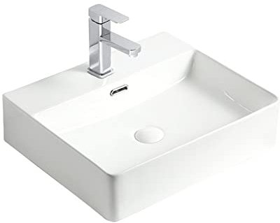 Lavabo de baño Fregadero Rectangular de cerámica Blanca for baño, Fregadero de Porcelana sobre encimera de 19,6 × 16,5 con combinación de Grifo for baño, Hotel o Bar Lavabo de Pared