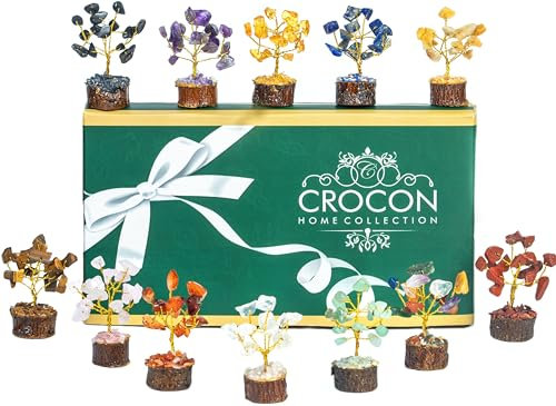 Crocon 12-teiliges Kristall-Baum-des-Lebens-Set, Mini-Chakra-Heilkristalle, Baum für Zuhause und Büro, Schreibtischdekoration, handgefertigte Natursteine, Glücksgeschenke für Frauen
