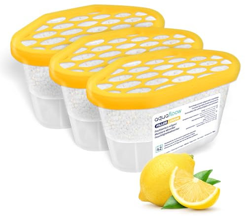 Aquafloow Déshumidificateur 400 ml, Réduit l'humidité de l'air, 3 Pièces LEMON | Neutraliseur d'odeurs, Absorbeur d'humidité pour Cuisine, Placard, Salle de Bain et Bureau