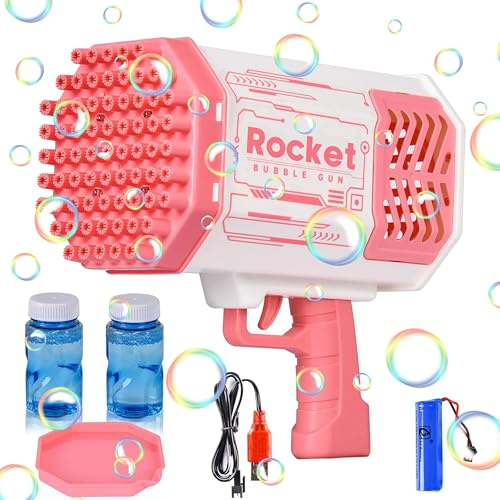 JONRRYIN Seifenblasenpistole Set, Gatling Bubble Machine, 69 Löcher Seifenblasen Pistole, Automatischer Seifenblasenhersteller mit 2 Seifenblasen Flüssigkeit für Kinder Erwachsene Mädchen (Rosa)
