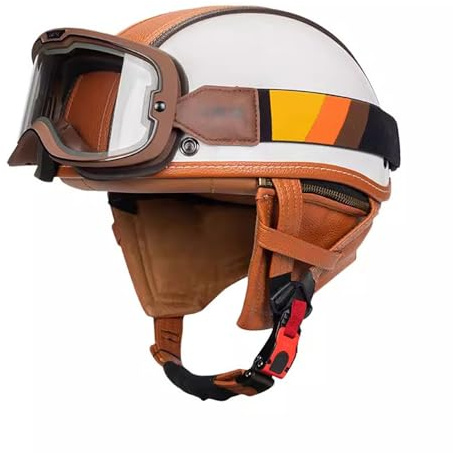 OZXDKJ Pelle Motociclo Casco Scodella, Vintage Moto Casco Mezzo Con Occhialoni, ECE DOT Omologato Caschi Apribili Uomo Donna, Caschi Jet Per Scooter Chopper Cruiser ,L=(59-60cm),B