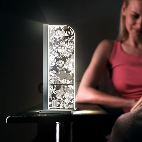 Luverre Tischlampe | LED-Leuchte | Glas-Leuchte mit Gravur für Nachttisch, Kommode, Wohnzimmer | Pop Art, Banksy, Kunst (Mario Squad, Rechteck | silber)