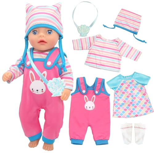 Baby Doll Clothes for 12-14 Inch Dolls, 6 Pcs Bunny Doll Outfits with Hat Socks Dress and Shell Bag for 30-35 cm Sweet Doll Clothes Girls Birthday Gift