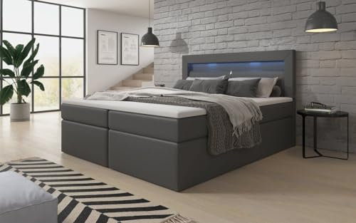 Boxspringbett Reposito 160x200 Doppelbett Polsterbett Bett mit LED-Beleuchtung, USB-Anschluss und Stauraum | Bezug: Kunstleder | Farbe: Grau | Härtegrad: H2 (bis 70kg)