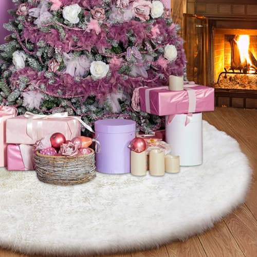 Gonna albero di Natale, 2024 Tappeto per Albero di Natale, 90cm Bianca Finta Pelliccia Tappeto Gonne, Copertura Base Tappetino Albero Natale per Capodanno, Feste, Matrimonio, Vacanze, Decor Natalizie