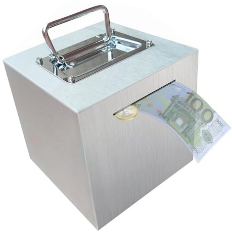 Wuhonghao Hucha para Adultos de Acero Inoxidable,Safe Piggy Bank,Caja de Ahorros para Niños,Bank Box con Mango Difícil de Abrir,Caja de Ahorro de Monedas en Efectivo,(Plata 15x15x15cm)