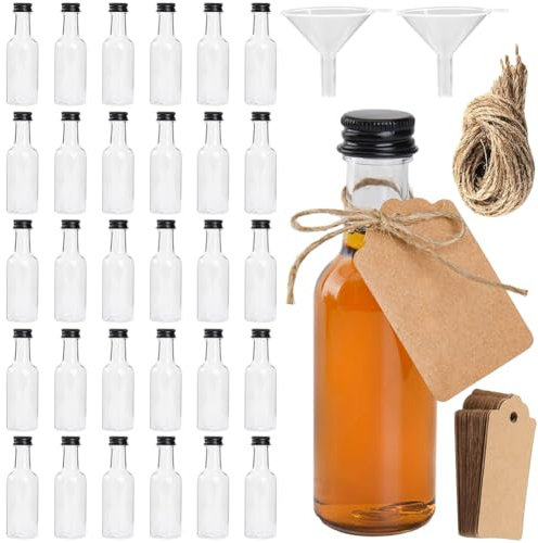 NIEEKRUN Mini Fläschchen Kunststoff Likörflaschen, 30 Stück 50ML Shot Flaschen zum Befüllen Kunststoff, Wiederverwendbar Leere kleine Schnapsflaschen mit Schwarzem Deckel u. Trichter für Events, Party