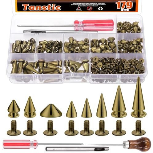 Tanstic 176 Sets Punk Spikes and Studs Kit, 8 Sizes Cone Spikes Screwback Studs Metal Tree Spikes for Leather Punk Style Clothing Accessories (Bronze)