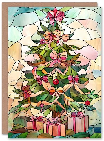 Artery8 Stained Glass Decorated Tree with Presents For Her Woman Xmas Festive Christmas Card