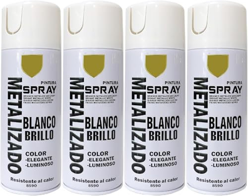 MORE FREE-Pintura Spray Metarizado Blanco Brillo Multicolor Profesional 400ml Adecuado Metal Madera y Plástico Pack de 4 unidad