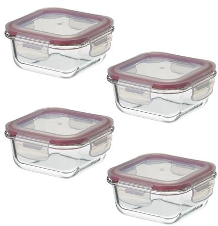 LOLAhome | Set 2 o 4 Fiambreras Cristal con Tapa | Recipiente Hermético para Alimentos | Organizador Cocina Nevera y Frigorífico | Envase Apto Microondas (Set 4 Cuadrado, De 310 ml)