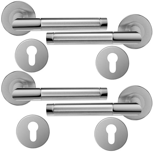 HAIFUAN Lot de 2 poignées de porte à levier en acier inoxydable avec écusson à trou cylindrique, ensemble de poignées de verrouillage de porte, barre à main de porte, bicolore (S02-103C-D-2)