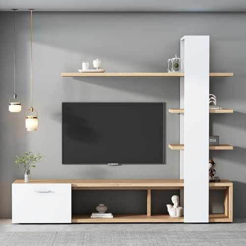 KAZZIO Home Wohnzimmer-Wandschrank, Wohnzimmermöbel-Set 180x33.5x151.5 cm, geeignet für Fernseher unter 60 Zoll, modernes TV-Schrank,Lowboard,TV Wohnwand Set,Wohnzimmer Möbel Set (Weiß+Log)