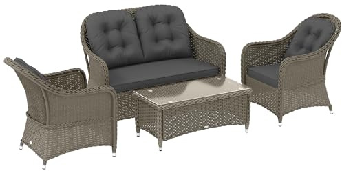 Outsunny 4 Pieces Outdoor PE Rattan Garden Furniture with Cushions, Patio Special Hand Weave Wicker Conservatory Sofa Set with Glass Top Coffee Table, Light Grey