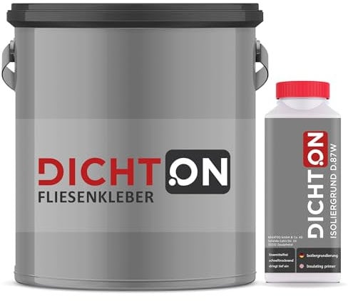 Fliesenkleber 10kg Set mit 1l Grundierung - Fertigkleber wasserfest & frostsicher für Keramik, Gips, Klinker, Putz innen & aussen, Wand & Boden Dispersionskleber, Dünnschichtkleber © DICHTON D.85W