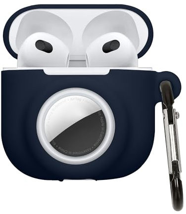 kwmobile 2-in1 Hülle kompatibel mit Apple Airpods 4 und AirTag - Kopfhörer Case - Weiches Silikon Cover - Schutzhülle mit Karabiner - Dunkelblau