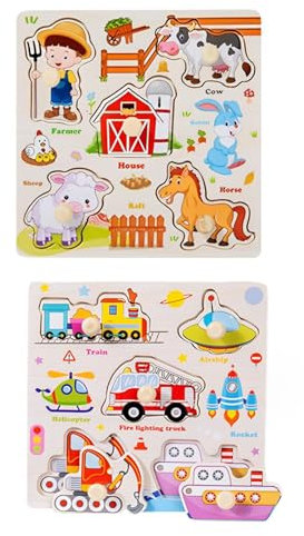 2 Stück Puzzle Ab 1 Jahr, Holzpuzzle 1 Jahr, Greifpuzzle Motorikspielzeug, lernendes pädagogisches Holzpuzzle-Spielzeug, Puzzles Landfahrzeug Pony ab 1 Jahr Geschenk für Baby Junge Mädchen 1 2 Jahr