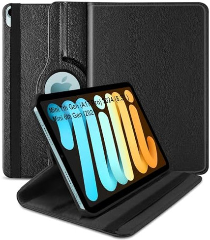 World biz Rotating Case for iPad mini (A17 Pro, 2024 Model, 7th Generation) / mini 6 (2021 Model, 6th Generation), 360 Degree Rotating Leather Protective Stand Cover, Auto Wake Sleep (Black)