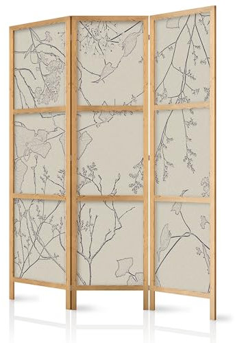 murando - Paravent Intérieur Japonais 135x172 cm - Séparateur de Pièce - Croquis Sommaire Fleurs Illustration Bleu Beige Plantes Contour Gris Style Doux Fond b-A-10441-bh-a