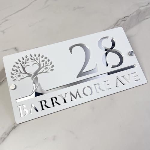 Personalised House Sign – Modern Font Custom Acrylic Address Plaque – Laser Cut Door Number Sign – Weatherproof Outdoor Name Plate for Home, Gate or Wall (Matte white & silver mirror)