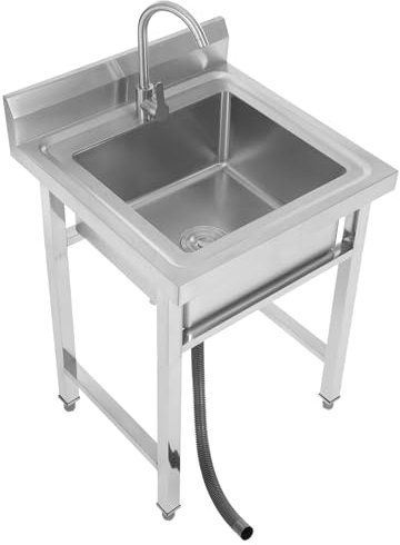 JJsdwin Fregadero independiente de acero inoxidable, fregadero de cocina con grifo de 360°, fregadero para bares, restaurantes y lavaderos, altura ajustable, 93 x 60 x 60 cm