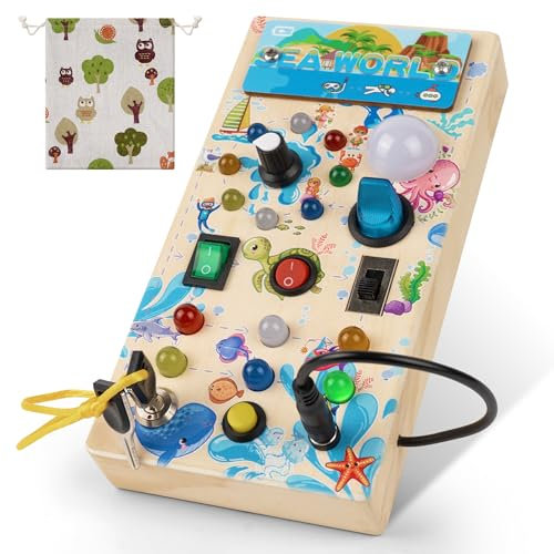 Busy Board Montessori Jeux pour Enfants de 2 3 4 Ans, Activity Board Montessori en Bois avec 8 Interrupteurs, 15 Lumières LED Table d'activité éducative Sensorielle pour Bébés et Petits Enfants