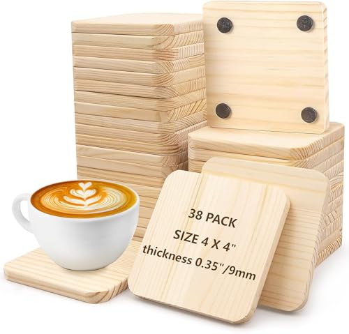 38 Pièces Dessous de Verre en Bois Carrés 10cm | sous-Verre Brut pour Boissons, Tasses | Support Bougie et Pot de Fleur | Idéal pour Artisanat, Gravure, Peinture et Décoration Table