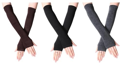 KYEDGC 3 Pairs Arm Warmers, Fingerless Gloves for Women, Long Fingerless Gloves for Typing and Outdoor Activities, Brown Grey Black Wrist Warmers, Men Women Winter Warm Knitted Long Gloves