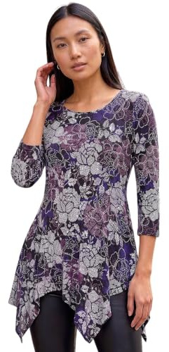 Roman Originals Women Asymmetric Top Ladies Hanky Hem Blouse Stretchy Tunic Occasion Smart Casual Summer Sprint Winter Autumn Cocktail Party Evening 3/4 Short Sleeve - Purple Floral - Size 14