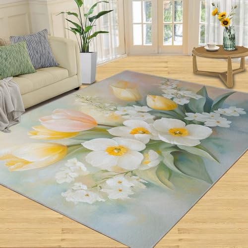SANSJI Teppich zum Muttertag, waschbar, Pastell-Flora-Teppiche für Schlafzimmer, Tulpen, Teppiche für Wohnzimmer, rutschfester Niederflorteppich und Heimdekoration