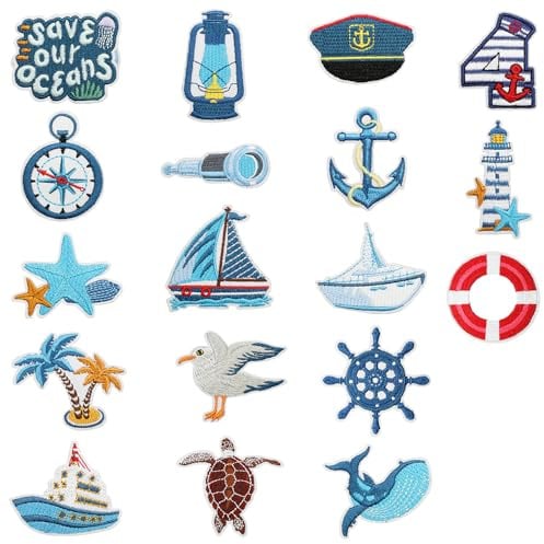 18 Stück Maritime Nautik Iron on Sew on Patches – Blue Segeln Flicken Applikation Bügelbilder Bestickte Aufnäher Patch für Kleid,T-Shirt,Hut,Leinwand Taschen,Jeans,Rucksäcke,Shoes,Jacken,Kleidung