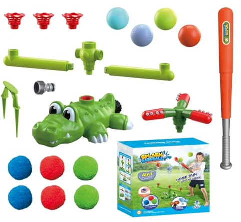 4 in 1 Garden Water Sprinkler Toy, Crocodile Shape Outdoor Baseball Launcher Spray Toy for Summer, with Bat Balls Pom Poms for Backyard Pool Fun