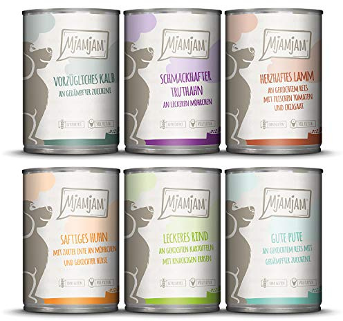 MjAMjAM - nourriture humide premium pour chiens - emballage mixte II - au poulet & canard, boeuf, dinde, veau, dinde, agneau, pack de 6 (6 x 400 g), naturel avec extra viande