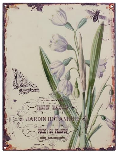 Blechschild Schneeglöckchen Blumen Jardin Botanique Botanik Blumen 25 x 33 cm Deko Schild mit Aufschrift Aufdruck