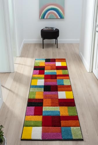 Quality Handcarved Geometric Design Rainbow Bedroom Living Room Multi Coloured Rug Largo Multi Runner 66x230 cm (2'1x7'7)