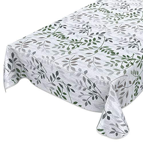 Wachstuchtischdecke abwaschbar Garten Tischdecke Wachstuch Rund Oval Eckig Indoor Outdoor Blätter Silber Grün 120x140cm mit Saum - Eingefasst