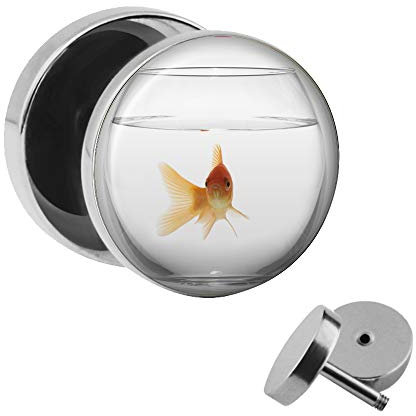 Treuheld® Goldfisch Ohrstecker | Fake Plug Ohrring | Chirurgenstahl | 1,2mm x 10mm | Silber/Weiß/Orange | Motiv Fake Tunnel | Fisch im Aquarium