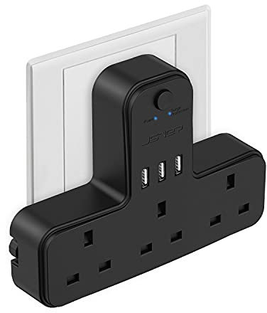 Plug Adaptor UK 3 Way, JSVER Plugs Extension Multi Sockets with 3 USB Slots(5V/2.4A) Wall Socket Extension 13A for Home, Office, Kitchen,Black