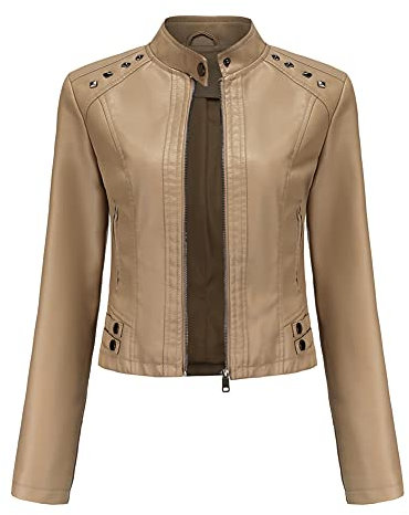 YYNUDA Damen Lederjacke Kurz Bikerjacke Stehkragen Reißverschluss Leder Jacke Übergangsjacke für Herbst Frühling(Beige XL)
