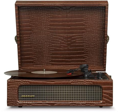 Crosley Voyager Tocadiscos con 2 altavoces, Bluetooth In & Out y AUX - Tocadiscos Vintage de 3 velocidades - Para vinilos de 7, 10 y 12 - Portátil con funda integrada (Marrón Croc)