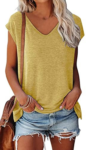 OLIPHEE Camiseta Basica Mujer Verano Mangas Cortas Camiseta Elegante Blusas Casual Toppar T-Shirt Basica Amarillo XL