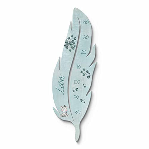 Kinder Messlatte Feder Holz - mit Namen personalisiert Kindermesslatte - Blätter & Zebra Motiv - Wanddekoration fürs Kinderzimmer - Messleiste für Baby Kleinkind Größe - Größentabelle Mädchen & Jungen