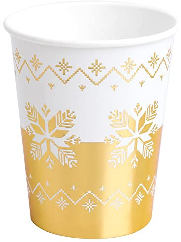 Horeca Collection 6 Unidades - Vasos Desechables Cartón 270 CC con Temática Navideña con Bordado Oro. Vaso Cartón Biodegradables Navidad, 100% Reciclables Celebraciones y Eventos.