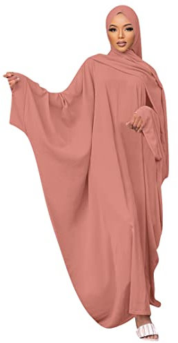 IMEKIS Muslimisches Kleid f?r Frauen Hijab Abaya Fledermaus?rmel Islamisches Maxi Gebetskleid Einfarbig Lose Jilbab in ?bergr??e Naher Osten Dubai T?rkei Arabisch Khimar Kaftans Rosa+Hijab One Size