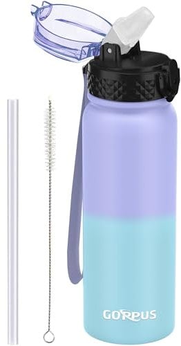 GOPPUS Bouteille d'eau en Acier Inoxydable 600ml/20oz avec Paille Bouteille Sport Isolée Flacon Froid Bouteilles d'eau en Métal Rabattables à Double Paroi Thermos Bouteille d'eau Étanche pour Gym