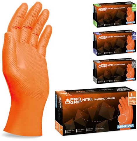 PROGRIP Einweghandschuhe Diamant Grip, Orange, Einmalhandschuhe Extra Stark, Nitrilhandschuhe Gr. M, 2x dicker, Handschuhe Einweg, Arbeitshandschuhe für Werkstatt & Montage, 50 Stk/Box